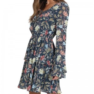 Белл рукав для женщин мода печати мини-платье