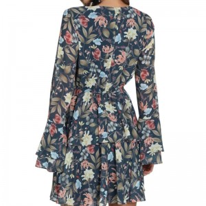 Белл рукав для женщин мода печати мини-платье