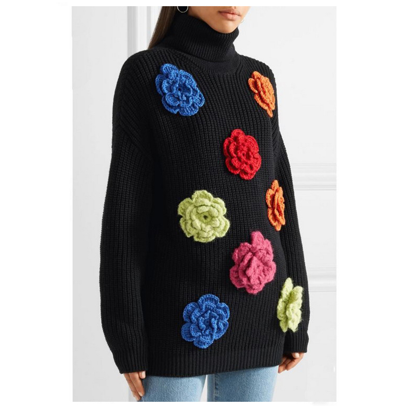 Женская шерстяная водолазка с цветочным принтом ручной работы Зимние пуловеры