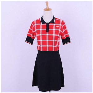 Индивидуальный дизайн с коротким рукавом поло воротник контрастные цвета пледы офис дамы вязать свитер платье