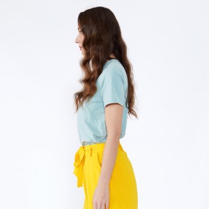 Последние платья Топы футболка Свободная блузка Леди Лето Основной стиль V-образным вырезом Спандекс Мята Зеленая с коротким рук...