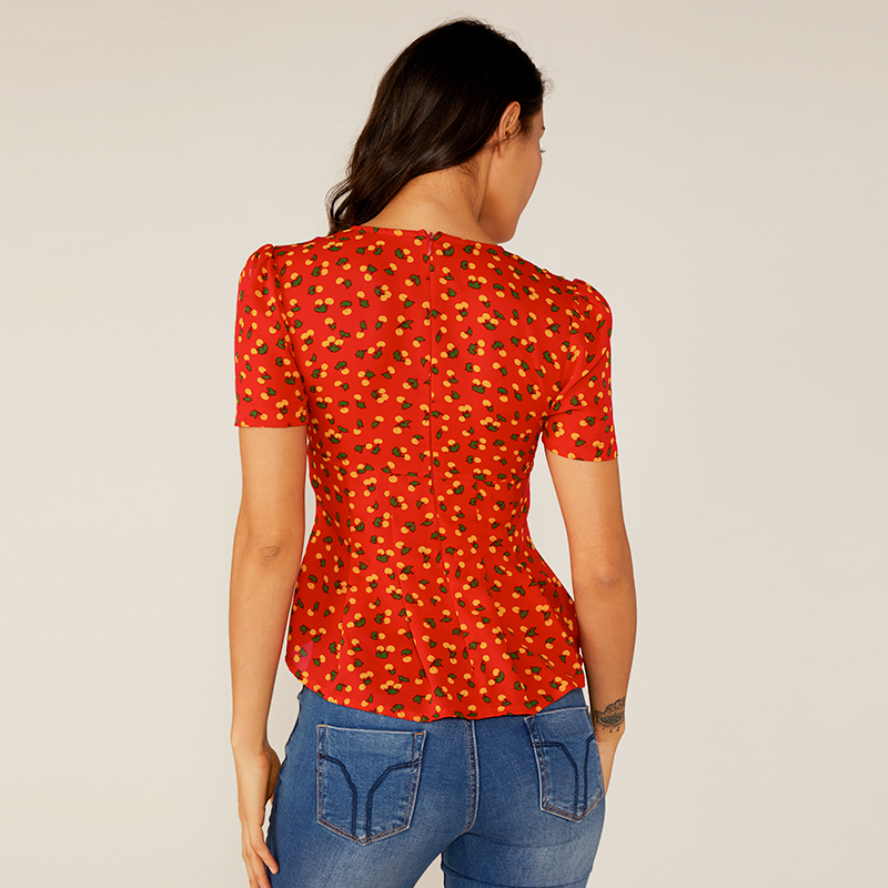 Женская глубокая V летняя красная рюшами с цветочным принтом блузка с принтом