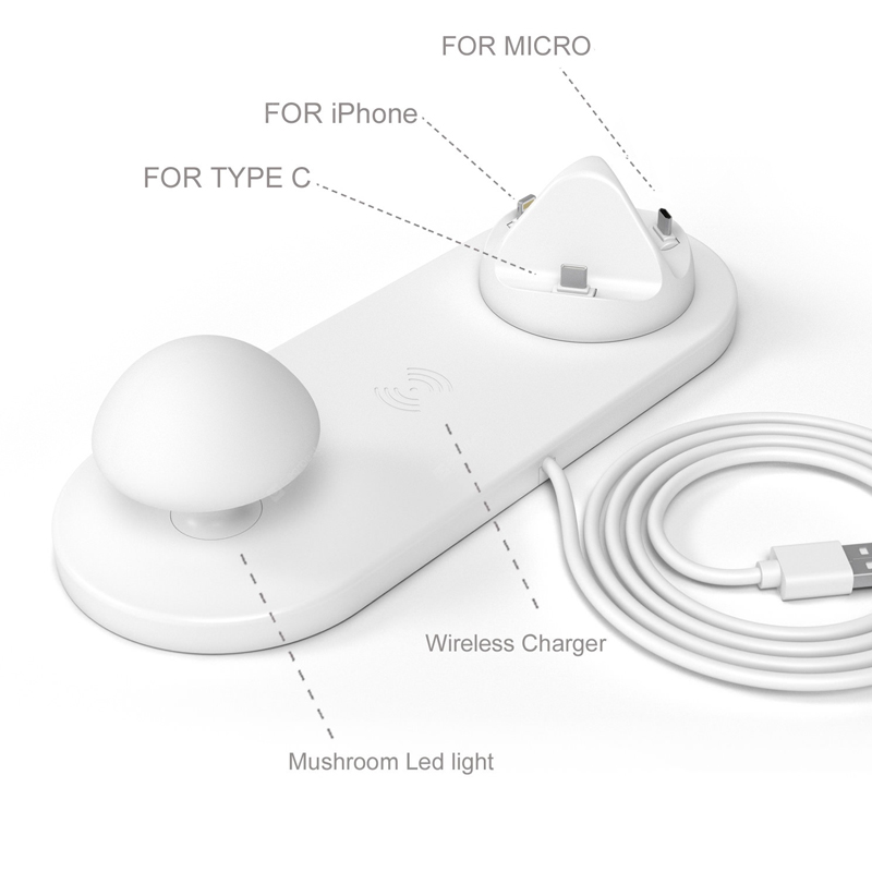 3 в 1 беспроводная зарядная база грибовидная лампа с USB-портом многопортовое зарядное устройство грибной ночник - белый