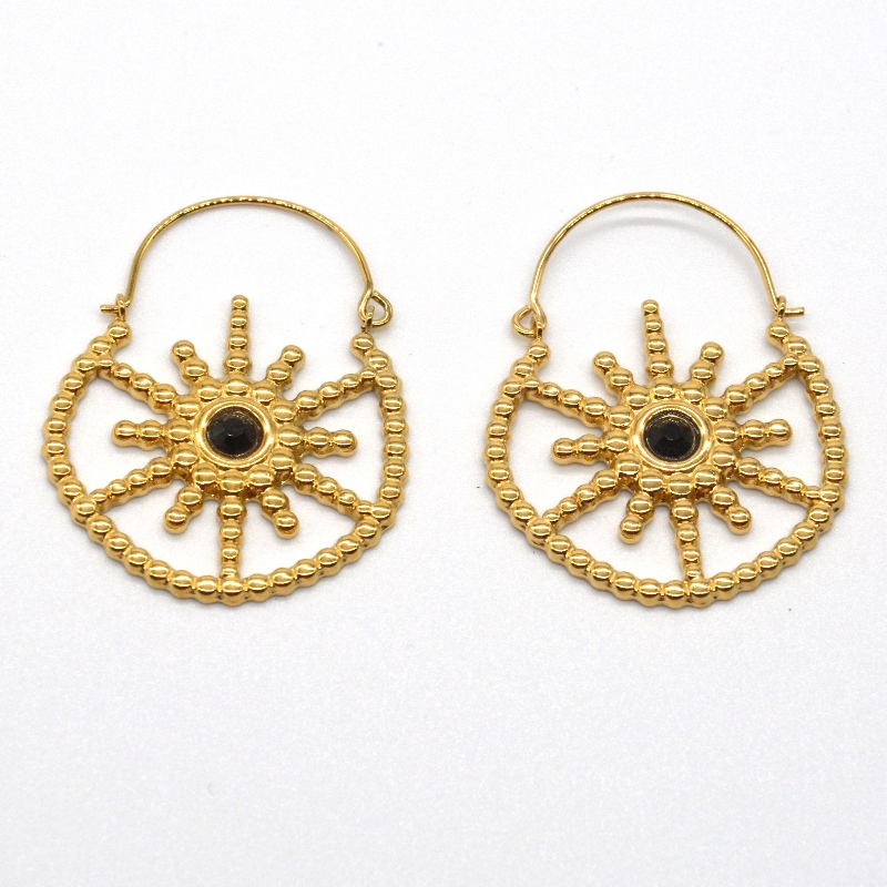 Женские позолоченные украшения в богемном стиле, винтажные цветочные серьги с черным агатом, Китай, фабрика по обработке ювелирн...