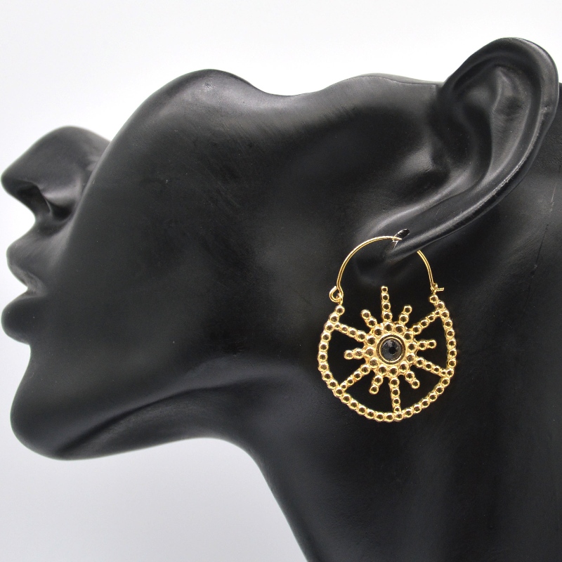 Женские позолоченные украшения в богемном стиле, винтажные цветочные серьги с черным агатом, Китай, фабрика по обработке ювелирн...