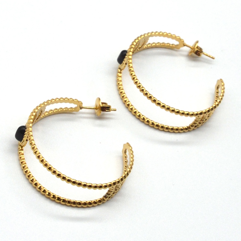 Золотые серьги-кольца, С-образные серьги-кольца, черный агат, женские чувствительные уши, гипоаллергенные украшения, Китайская ю...