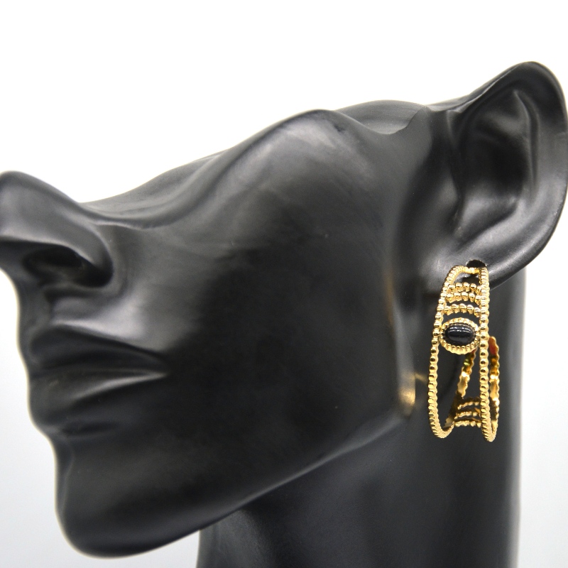 Золотые серьги-кольца, С-образные серьги-кольца, черный агат, женские чувствительные уши, гипоаллергенные украшения, Китайская ю...