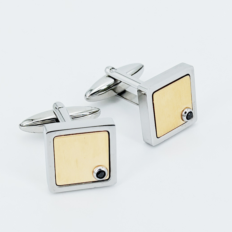 Двухцветные мужские запонки из нержавеющей стали с позолотой, черный камень CZ