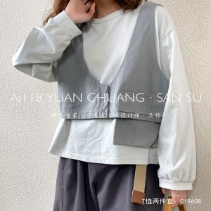 мягкий дизайн упрощенный круглый воротник стиль сшить рукава стиль досуг чистый хлопок ультрабольшой заказ 19608 футболки + жилет