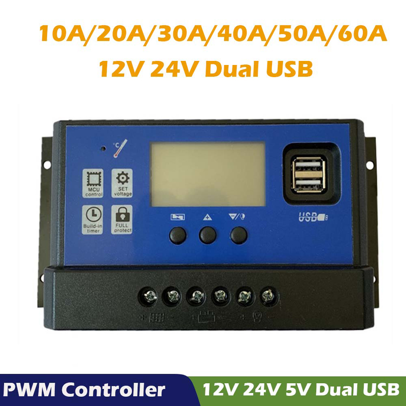 PWM Солнечное зарядное устройство Контроллер 60A 50A 40A 30A 30A 20A 10A 12V 24V Зарядное устройство батареи ЖК-дисплей Двойной USB Регулятор солнечной панели MAX 50V PV