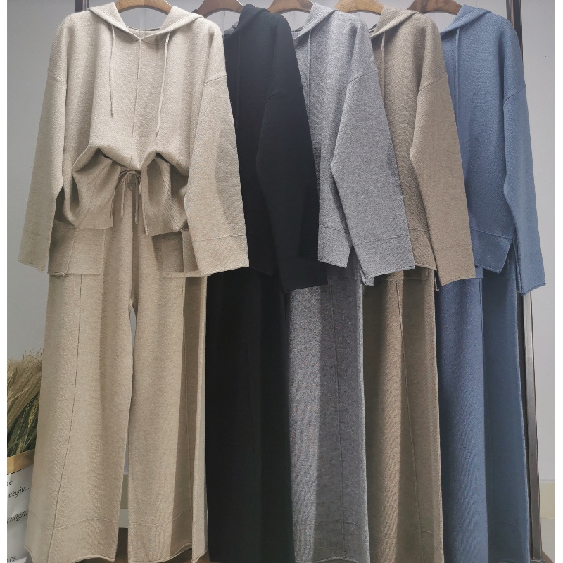 Модный повседневный простые шерстяные свитер из двух частей Hoodie набор 69056#