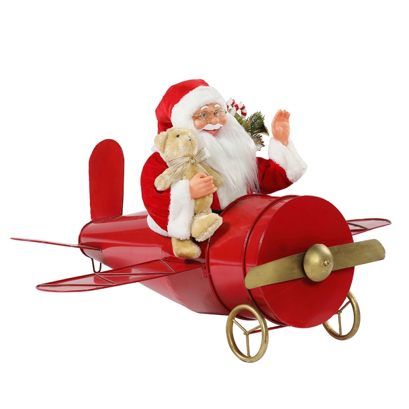 80 см Рождественский музыкальный анимированный анимированный Санта-Клаус, сидящий красный самолет украшения по фигурке классический праздничный орнамент подарки коллекции
