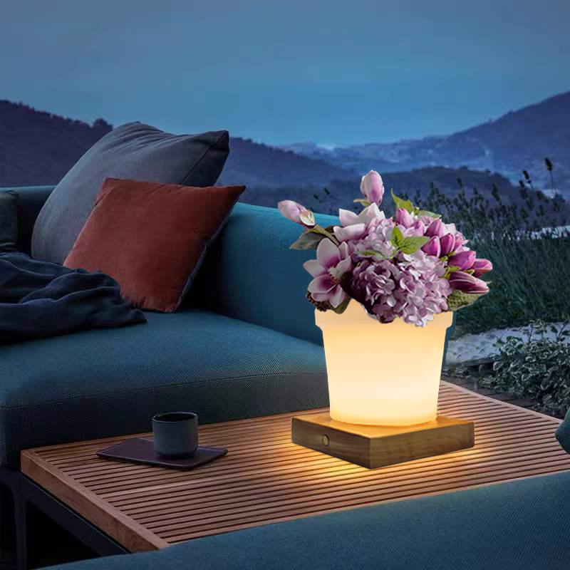 RGB Color Manege Led Led Plant Pot Stable Lamp Touch Control, Современные простые пластиковые цветочные настольные лампы с простым писателем с твердым деревом для гостиной
