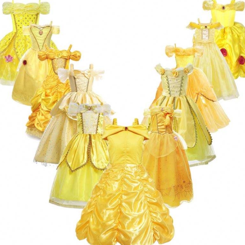 Девочки Belle Princess Dress Kids Belle Cosplay Costumes Mabing Girl Frock Yellow Fancy Dress для малыша в Хэллоуин вечеринка