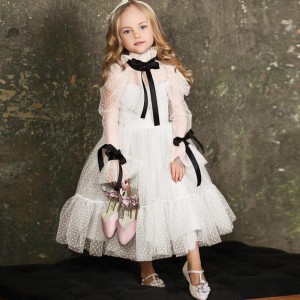 Полька-точка TULLE Flower Girl Dresssings Иллюзия длинные рукава девушка свадебное платье для вечеринки ленты Коммуникаn Одевать день рожд...