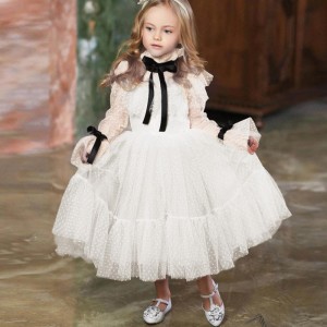 Полька-точка TULLE Flower Girl Dresssings Иллюзия длинные рукава девушка свадебное платье для вечеринки ленты Коммуникаn Одевать день рожд...