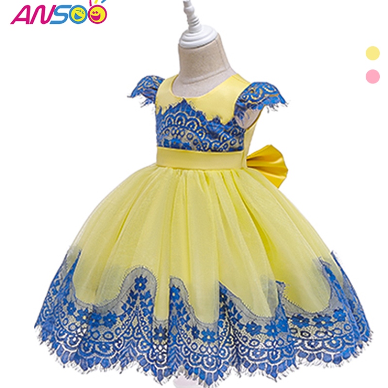 Ansoo Baby Girls Pufle Eleve Retro Party Желтое платье Дети Принцесса лук лето пачка розовые платья для девочек -дети