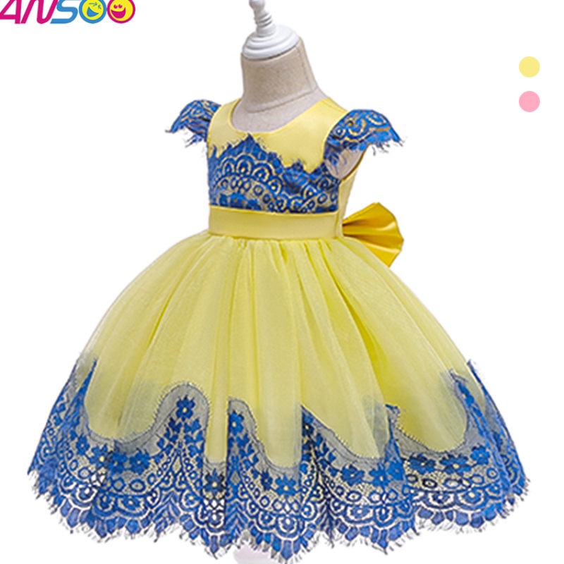 Ansoo New Children Clash Color Plant Play Seaders Lace Princess Dress с большим луком в течение 3-10 лет девочки