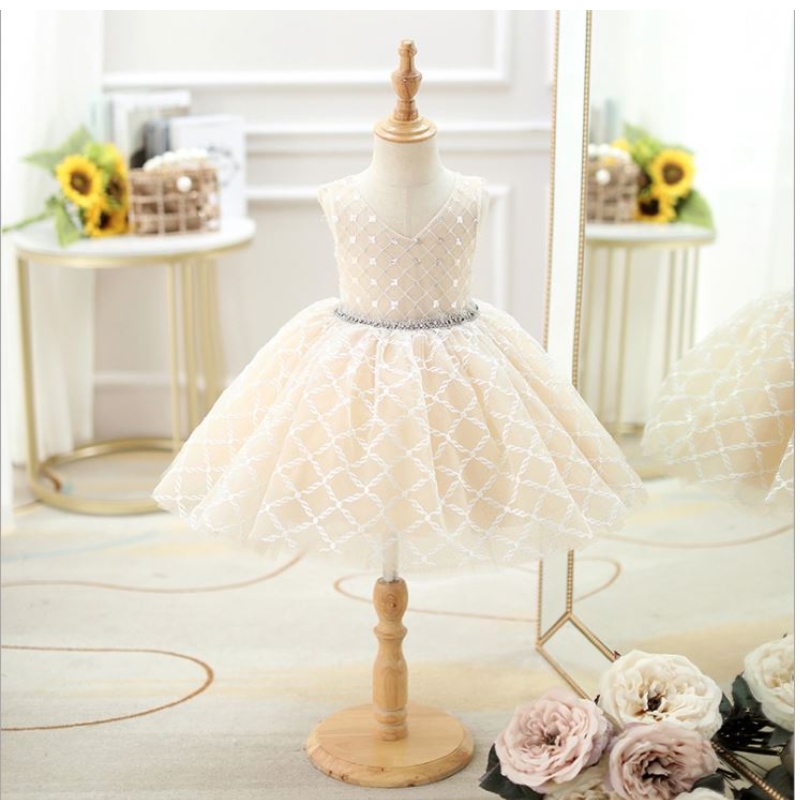 Baige Oemnumber Dress \\ Frong Princess Girl Fluffy Yarn Flower Piano Costum