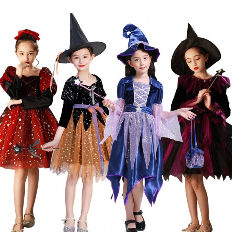 Новая костюм для ведьм косплей девчонки Хэллоуин костюм для детей рождественский рождественский детский платье Принцесса Зимняя одежда с шляпой