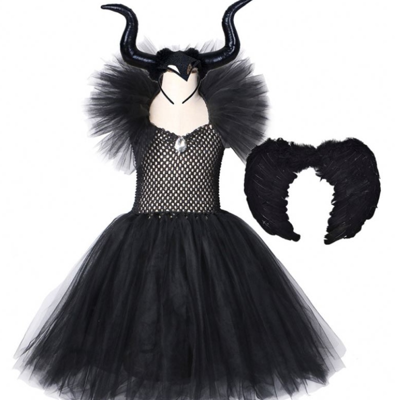Дети черный дьявол костюм Хэллоуин Девочки для девочек фантазии пачка с пером Королевской темная королева платье платье
