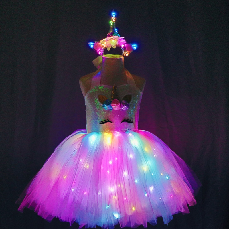 2022 Дети девочки милые костюмы единорога со светодиодным платьем для хэллоуина подарка на день рождения подарки, одежда детская одежда детская одежда