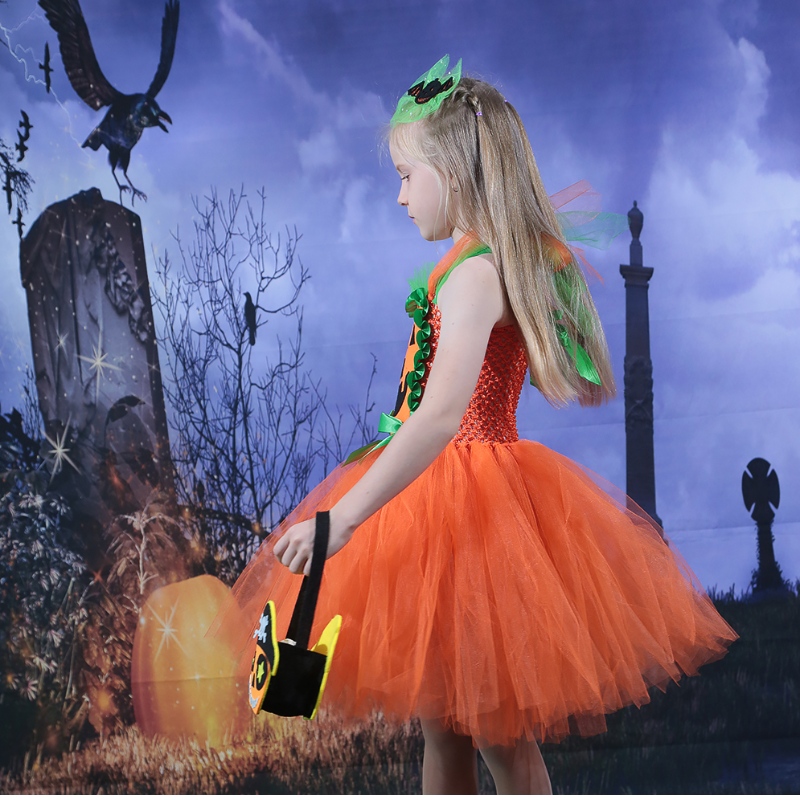 Amazon Hot, продавая детские девочки для хэллоуина платье тыква сетчатая сетка