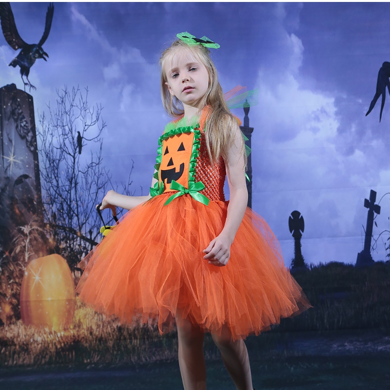 Amazon Hot, продавая детские девочки для хэллоуина платье тыква сетчатая сетка