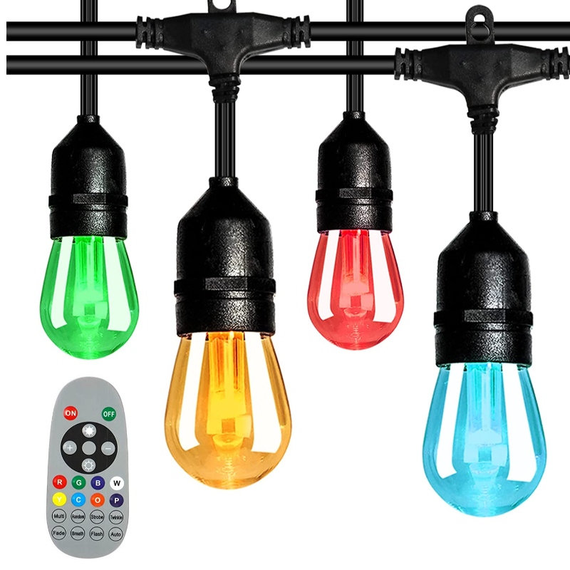 48 -футовое цветовое изменение наружных струнных светильников, 15 светодиодных луковиц с громким, водонепроницаемым IP65, вспыхивающие струнные светильники RGBW с отдаленными, декоративными светильниками для сада патио