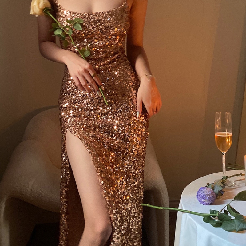 Шампанское сексуальное легкое роскошное высококачественное платье с блестками для вечеринок