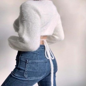 Сексуальный, глубокий V - воротник, высокая талия, короткий трикотажный свитер.