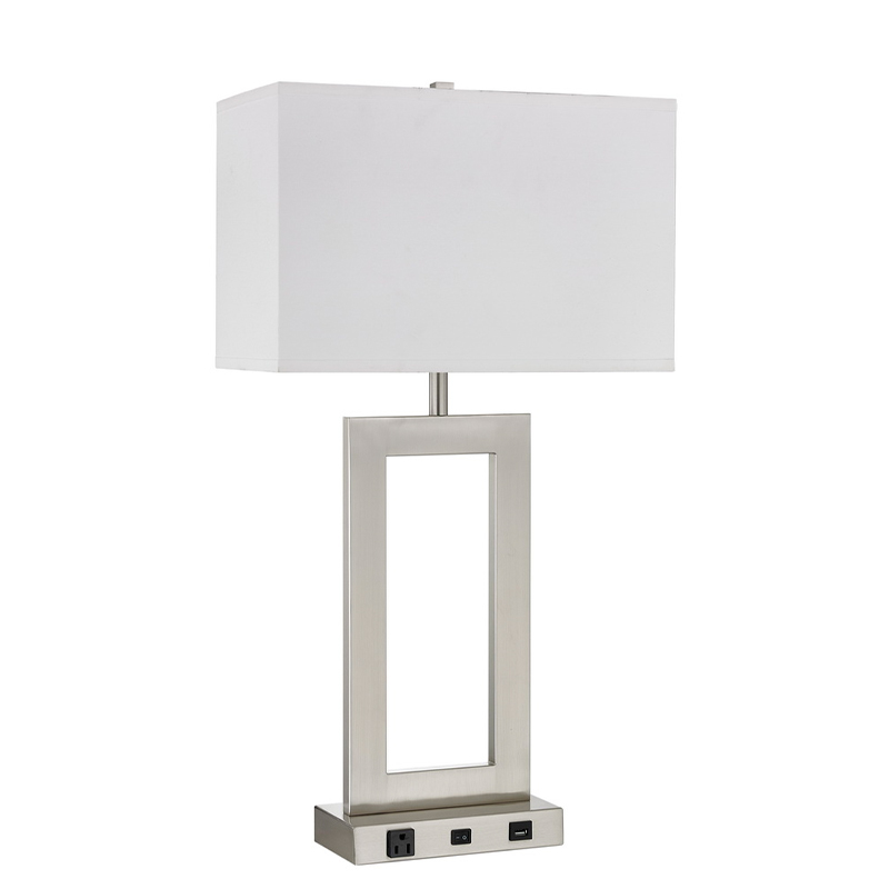 Gatsby One Light Table Table Lamp с отделкой из матовой никеля, выключателем на/off Rocker, удобной розеткой и USB -портом