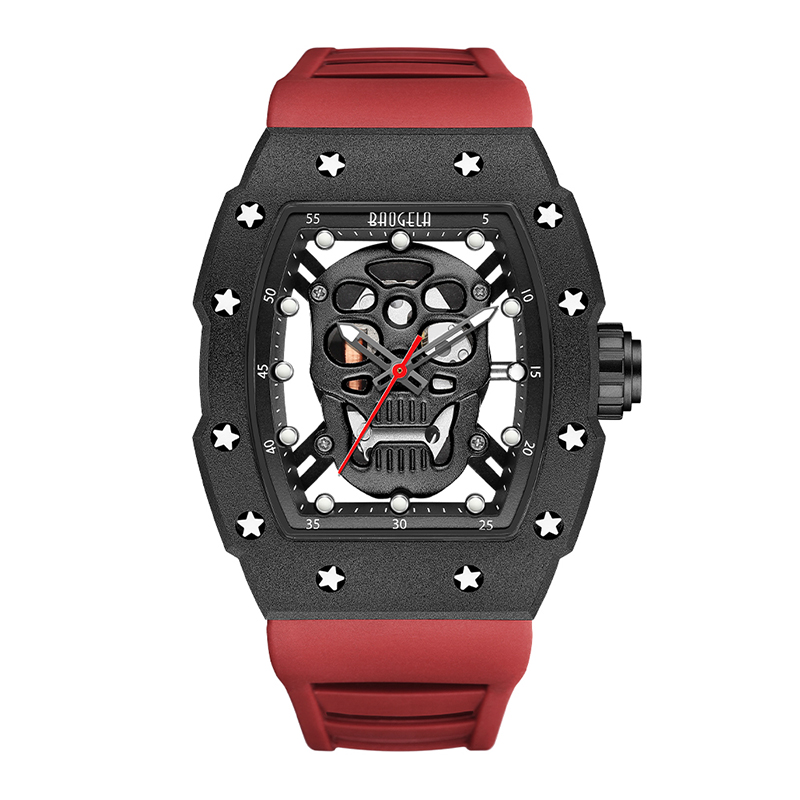 Baogela Skull Tonneau Watch Top Brand Brand Quartz нержавеющая сталь смотрит на водонепроницаемые творческие часы силиконовые ремешки, часы запястья роза 4141