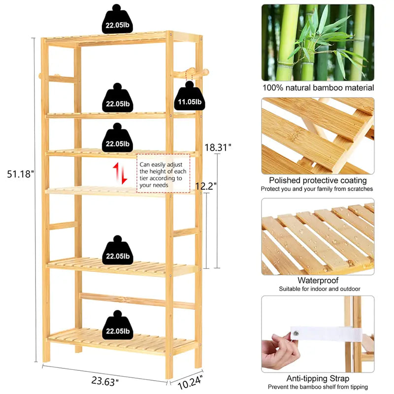 5-этажный регулируемый книжный шкаф с высокой водонепроницаемой стойкой для ванной комнаты бамбук бамбука