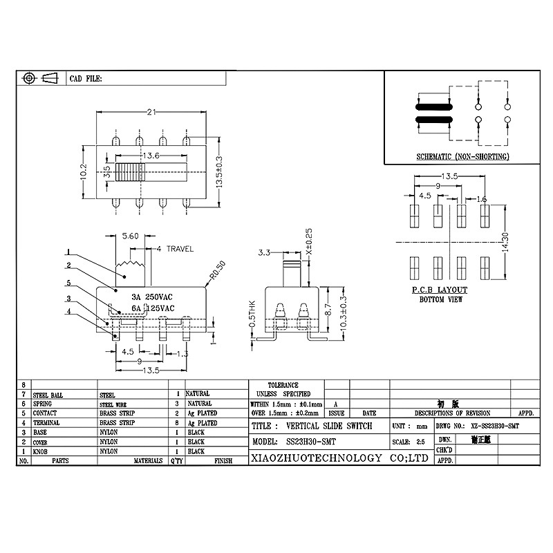Slide Switch SS23H30 два-Положение для бытовых приборов, медицинской помощи, оборудования для красоты и ухода за волосами, высокий-ток 3-Положение скользящего переключателя